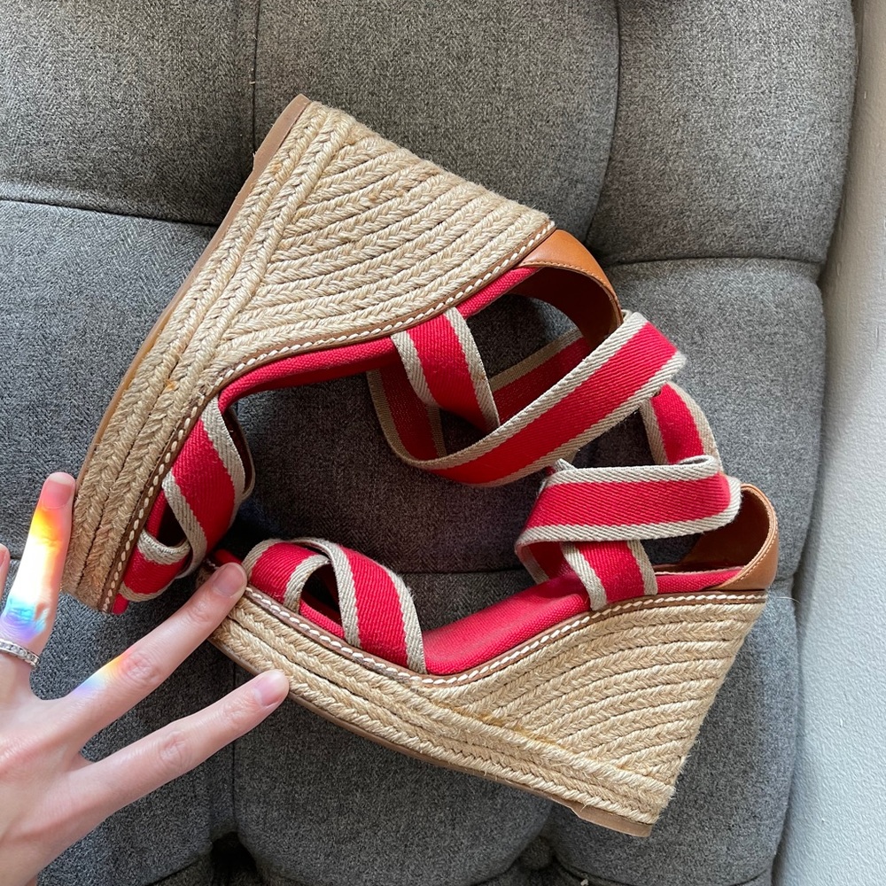 Tory Burch Straw Wedge High Heel Sandals - Picture 4 of 7
